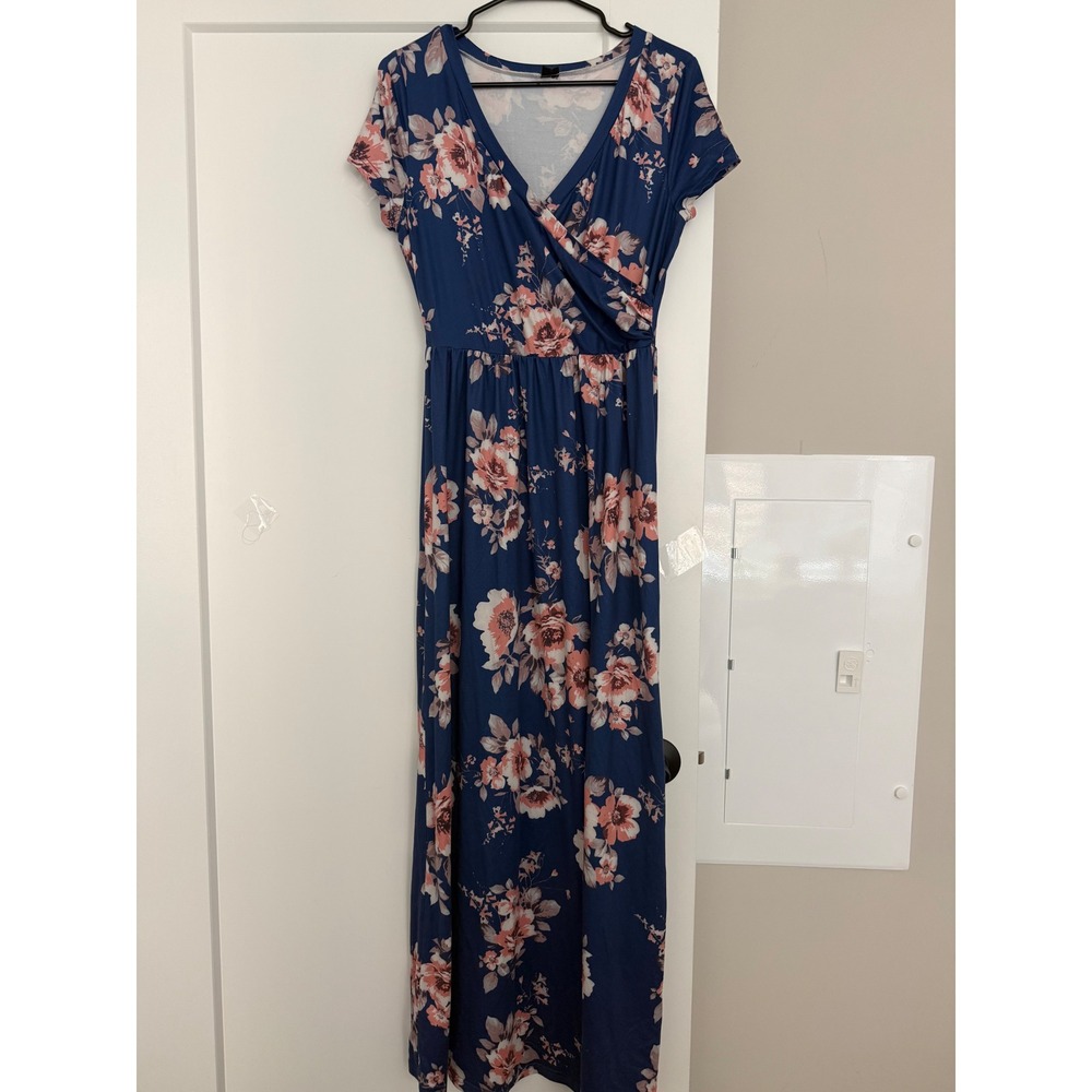 Knanda Womens Navy Blue Pink Floral Faux Wrap Maxi Dress Short Sleeve Size S